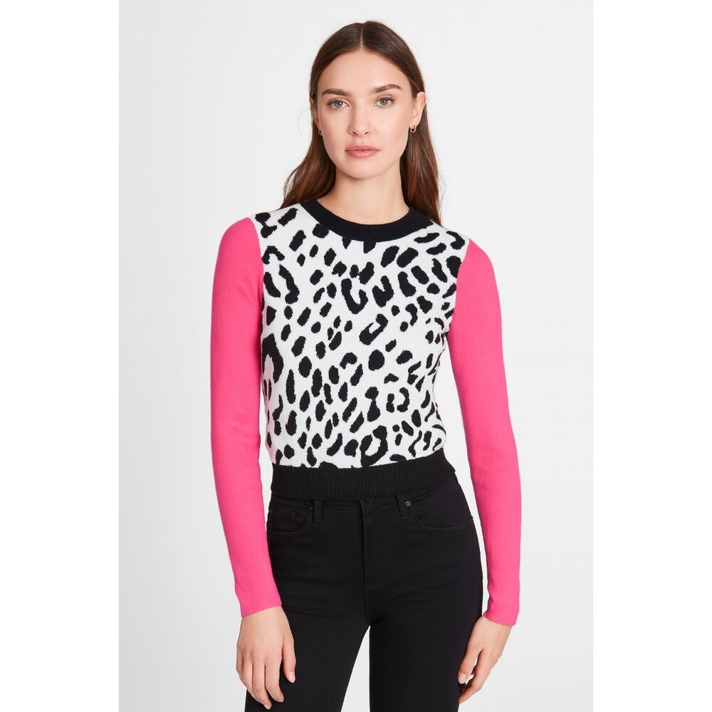 Alice + Olivia Pink Sleeve Black & White Leopard Crew Sweater